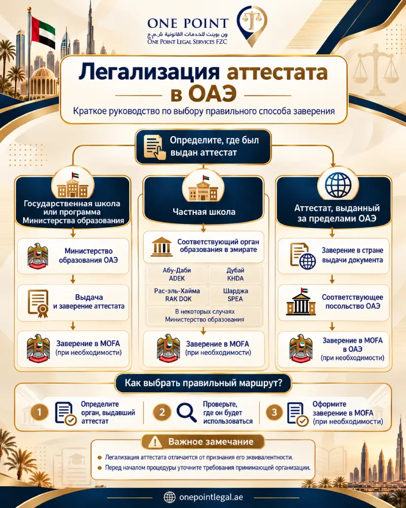 Инфографика «Легализация аттестата в ОАЭ»: этапы заверения школьного аттестата в зависимости от типа школы и страны выдачи документа.